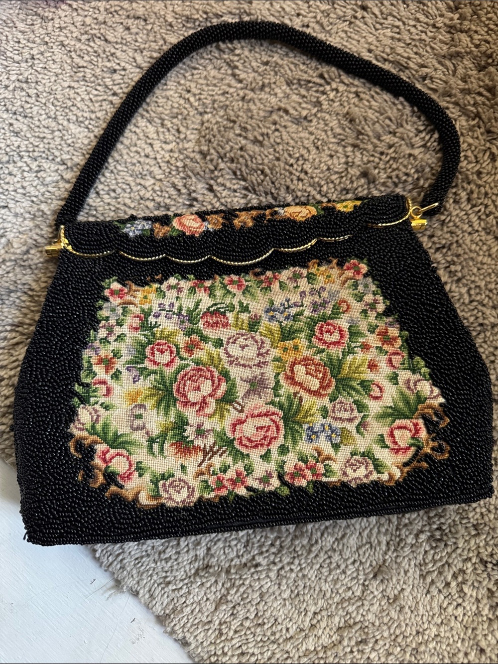 Black Beaded Floral Tapestry Evening Bag